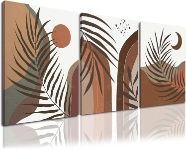 Boho Wall Art Set of 3 Modern Wall Art Canvas Prints Boho Wall Decor Minimalist Palm Leaf Sun and Moon Brown Abstract Wall Art For Living Room Bedroom Office Home Wall Decor 8