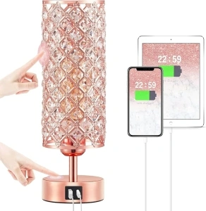 Hong-in Crystal Table Lamp, Rose Gold Lamp with USB C+A Ports, 3 Way Dimmable Touch Lamp with Crystal Shade, Bedside Nightstand Small Lamp for Living Room Bedroom Home Office (Bulb Included)