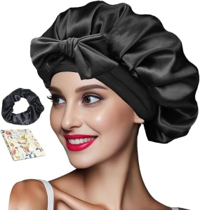 Satin Silk Bonnet for Sleeping Women Double Layer Satin Bonnet with Tie Band Hair Bonnet Natural Curly Hair Night Sleep Cap