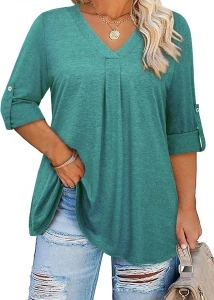 Siddhe Plus Size Tops for Women 3/4 Sleeve Shirts V Neck Blouses Tunic Top Spring Summer 2024.