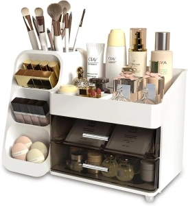 Makeup Organizer With Double Bottom Slide Design Storage Drawers, More Textured Cosmetic Organizer Countertop, Bathroom Makeup Vanity Organizer for Brush, Perfume, Skincare, Cosmetics