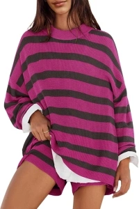 MEROKEETY Women's 2 Piece Sweater Lounge Sets Striped Long Sleeve Shorts Oversized Matching Outfits