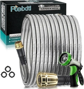 Relxitl Garden Hose 50 FT Stainless Steel Garden Hose Metal, Flexible Water Hose with Sprayer for Yard Never Kink and Tangle, Durable and Leak Proof Heavy Duty for Outdoor Use,green