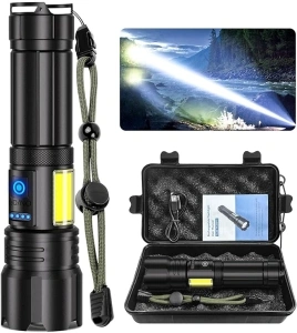 Flashlight High Lumens, Rechargeable Super Bright 30000 Lumen LED Tactical Flashlights 1800M Long Throw Spotlight with Cob Side Light,Zoomable, Waterproof Flashlight for Home Emergency Camping Search