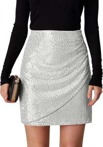 GRACE KARIN Women's 2024 Sequin Bodycon Skirt Sparkly Ruched Mini Skirts Shiny Glitter Night Out Party Pencil Skirt
