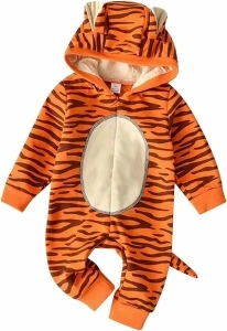 MNLYBABY Baby Boys Girls 3D Cartoon Animal Tiger Jumpsuit Hoodie Romper Playsuit Zipper Bodysuit with Tail