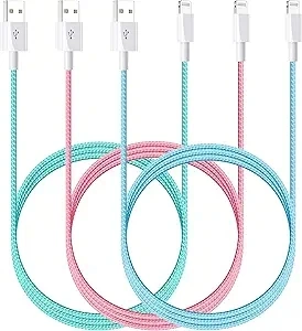 [MFi Certified] Lightning Charger Cable for Apple Nylon Braided Fast Charging Cord Compatible with iPhone 14 13 12 11 Pro Max XR XS X 8 7 6 Plus SE iPad and More (Green Blue Pink - White)