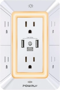 Multi Plug Outlet Surge Protector - POWRUI 6 Outlet Extender with 3 USB Ports (1 USB C) and Night Light, 3-Sided Power Strip with Adapter Spaced Outlets - White, ETL Listed