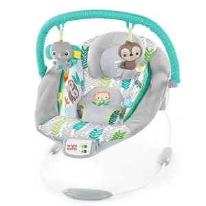 Bright Starts Comfy Baby Bouncer Soothing Vibrations Infant Seat - Taggies, Music, Removable Toy-Bar, 0-6 Months Up to 20 lbs (Jungle Vines)