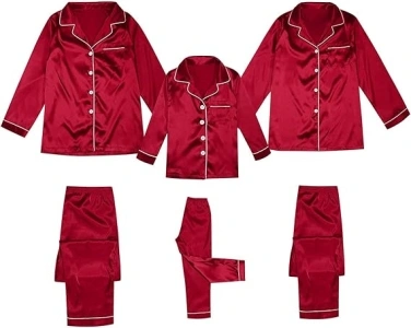 Family Pajamas Matching Sets 2024 Silk Satin Button Down Shirt Pants Long Sleeve Pjs Set 2 Piece Nightwear Loungewear