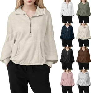 midelxp Half Zip Pullover Women Zip Up Cropped Hoodie Loose Fit Athletic Tunic Sweatshirts Long Sleeve Quarter Zip Pullover