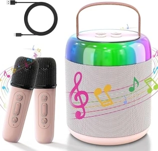 Mini Karaoke Machine, Portable Bluetooth 5.3 Speaker with 2 Wireless Microphones for Kids and Adults, Gifts for Girls and Boys Birthday Gifts Camping Home Party Indoor Outdoor Activities（Pink）