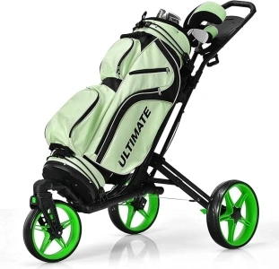 Tangkula Golf Push Cart with 360° Rotating Front Wheel, Aluminum Collapsible 3 Wheels Golf Pull Cart, Golf Trolley w/Elastic Strap, Scoreboard Storage & Foot Brake, Height-Adjustable Handle