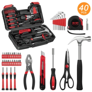 40 Piece Tool Sets All Purpose Household Tool Kit, General Basic Home Tool Set Case with Toolbox Great for Girls, Ladies and Women, Household Hand Kit for Home Garage Office College Dormitory Use, Red