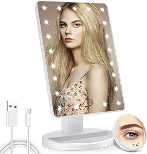 COSMIRROR Lighted Makeup Vanity Mirror with 10X Magnifying Mirror, 21 LED Lighted Mirror with Touch Sensor Dimming, 180°Adjustable Rotation, Dual Power Supply, Portable Cosmetic Mirror (White)