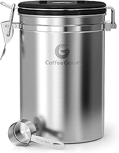 Coffee Gator Stainless Steel Canister - Large 22oz, Silver Coffee Grounds and Beans Container with Date-Tracker, CO2-Release Valve, and Measuring Scoop - Ideal Coffee Lovers Gifts for Her