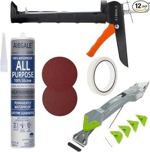 Variety Caulking Tool Kit, Caulking Gun, Silicone Sealant with Dripless Gun - All-Purpose 100% Clear Silicone Caulk (10 oz Tube), and 5 in 1 Scraper/Smoothing Tool, Sandpaper, Gloves and Masking Tape