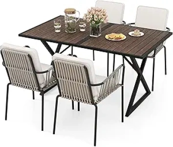 YITAHOME 5 Piece Patio Dining Set Outdoor Furniture Stackable All-Weather Comfortable Rope and Rattan Chairs Metal Frame with Faux Wood Tabletop for Courtyard Backyard Poolside Balcony, Brown & Grey