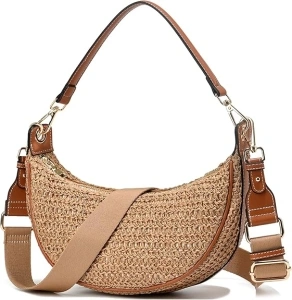 Women Straw Woven Shoulder Bag Crescent Shoulder Purse Small Crossbody Bag Hobo Dumpling Bag Casual Shoulder Handbags