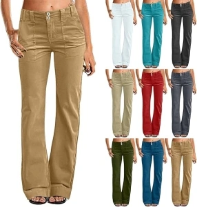 Women Causal Palazzo Pants Stretch High Waisted Straight Leg Pants Classic Button Slim Fit Trendy Pants with Pockets