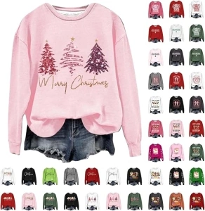 Women Christmas Sweatshirt Fall Winter Long Sleeve Tree Graphics Sweatshirts Casual Crew Neck Holiday Pullover Tops