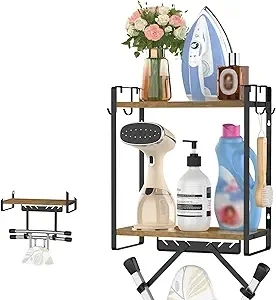 EsLuker.ly 2 Tiers Ironing Board Holder Wall Mount, Iron Board Hanger Rack Organization with Removable Hooks, Laundry Room Shelves with Large Wooden Baskets for Iron and Ironing board Set, Black