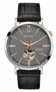 Bulova Men's Aerojet Automatic Open Heart Window Black Strap Watch 41mm 98A187