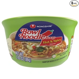 Nongshim Hot & Spicy Instant Ramen Noodle Bowl Soup Mix, 6 Pack, Includes Fish Cakes, Crisp Carrot & Green Onion Topping