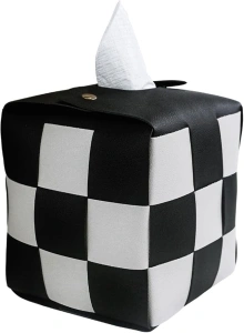 Tissue Box Cover, Square PU Leather Tissue Box Holder with Metal Buckle, Checkered Tissue Box, Decorative Organizer for Bedroom, Vanity Desk, Nightstand, Bathroom, Office (Black)