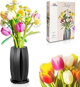 Flowers Bouquet Building Set with Tulips Daisies Artificial Flower with Vase Botanical Collection for Home or Office Decor, Gifts for Valentine Mother's Day Birthday Anniversary Christmas (1250 PCS)