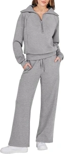 Caracilia Womens 2 Piece Outfits Sweatsuit Set Half Zip Oversized Sweatshirt Wide Leg Sweatpant Fall Lounge Sets Tracksuit