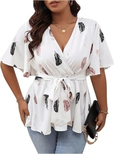 SOLY HUX Women's Plus Size Summer Tops Half Sleeve Shirt Wrap V Neck Belted Casual Blouses