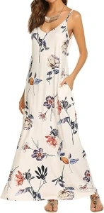 Supnier Women's Summer Maxi Dress Casual V-Neck Sleeveless Bohemian Spaghetti Strap Floral Long Maxi Dress with Pockets