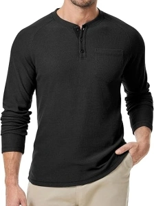 JMIERR Men's Waffle Henley Shirts Crewneck Long Sleeve Button Casual T-Shirt with Pocket