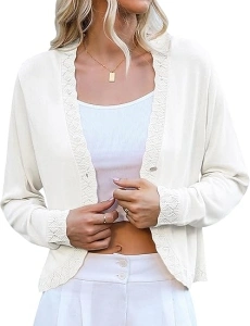 Totatuit Women's Crochet Cropped Cardigan Lightweight Long Sleeve Shrug Shell Edge Knit Bolero Button Down Sweater