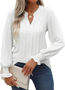 Women's Pleated Front Solid Dressy Casual Blouses Business Work Tops V Neck 2024 Fall Shirts Outfits