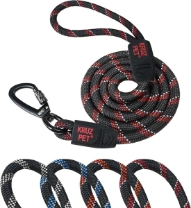 Kruz Reflective Dog Leash - KZROPE5048-03S - Soft Silicone Grip - Click & Lock Snap - Pet Walking, Running, Training - Heavy-Duty, Durable Rope - Security, Control and Comfort - Red - 3/8