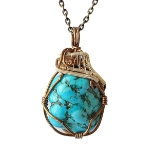 Designs by Nature Gems Handmade Women’s Turquoise Necklace 24 Inch Chain Antique Bronze and Gold Plated, December Birthstone