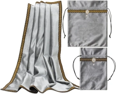 Tarot Cards Divination Altar Cloth Witch Decor - Witchy Gifts，Fortune Teller's Recommendation - Acrylic Diamond Pendant - Thickened Velvet Non Slip (Silver, 3-Piece Set Bags Large+Medium)