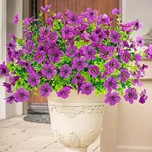 Agusbagli 10 Bundles Artificial Flowers Outdoor UV Resistant Fake Flowers No Fade Faux Plastic Greenery Shrub Plants for Wedding Home Garden Window Box Fireplace Thanksgiving Christmas Decor, Purple