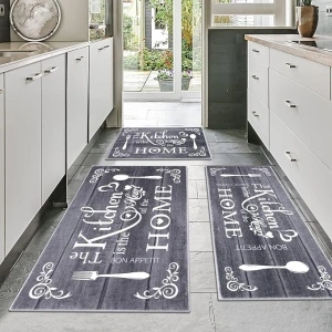 Vaukki Boho Kitchen Rug Sets 3 Pieces, Washable Kitchen Mats for Floor, Non Slip Soft Kitchen Area Rug Floor Mat for Kitchen, Laundry Room and Hallway (Grey, 20''x32''+20''x47''+30''x51'')