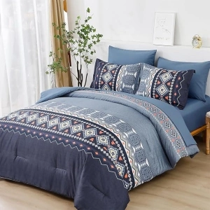 Dobuyly Boho Comforter Set King Size, 7 Pieces Bed in a Bag Navy Blue Aztec Comforter Soft Microfiber Bohemian Bedding Set with Comforter, Flat Sheet, Fitted Sheet, 2 Pillow Shams, 2 Pillowcases