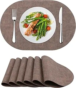 Placemats Set of 6, Faux Leather Place Mats Heat Resistant Washable Table Mats for Outdoor Dinner Kitchen, Brown