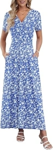 AUSELILY Women's Summer Maxi Dress Short Sleeve Floral Print Bohemian V Neck with Pockets