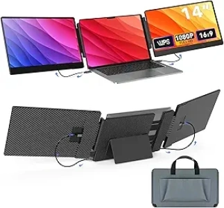 Portable Monitor 14-inch, 1080P FHD Laptop Screen Extender, Plug & Play, Updated Alloy Stand, Triple Screen Laptop Monitor Extender fits Laptops with Screens up to 14.56