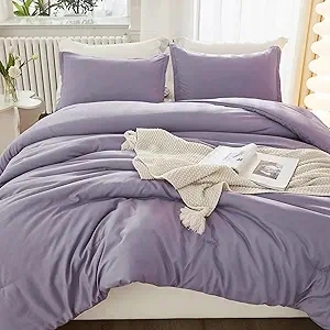 Litanika Grayish Lavender Purple Comforter Set King Size, 3 Pieces Lightweight Solid Bedding Comforter Set, All Season Fluffy Bed Set (104x90In Comforter & 2 Pillowcases)