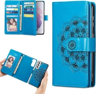 EYZUTAK Mandala Wallet Case for Samsung Galaxy S21 5G,Detachable 2 in 1 PU Leather Flip Case with Magnetic Button Lanyard (9Card Slots+3Pockets+1Driver's License Pocket)-Blue