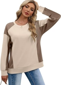 Aokosor Sweatshirts for Women Crewneck Color Block Long Sleeve Tops Loose Fit Fashion 2024