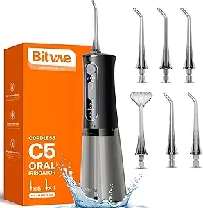 Bitvae C5 Water Dental Flosser for Teeth Picks, Cordless Water Flosser, 3 Modes 5 Intensities, IPX7 Waterproof Water Teeth Cleaner, 5 Tips Rechargeable Water Dental Picks for Cleaning