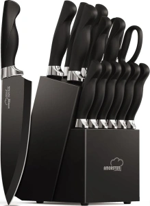 Knife Set, Amorston 15 Pieces Knife Sets for Kitchen with Block, Dishwasher Safe Kitchen Knife Set with Built in Sharpener Block, German Stainless Steel Knife Block Set, Black